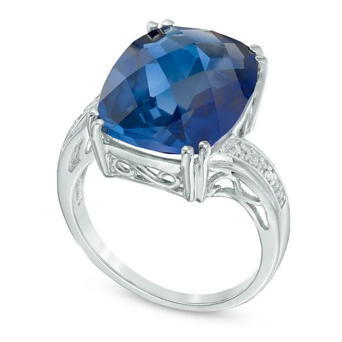 Goldia Rings CushionCut LabCreated Blue Sapphire and Diamond Accent Ring in Solid 10K White Gold Goldia Rings CushionCut LabCreated Blue Sapphire and Diamond Accent Ring in Solid 10K White Gold