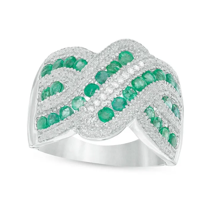 Goldia Rings Emerald and 010 CT TW Natural Diamond Beaded Border MultiRow Crossover Ring in Sterling Silver Goldia Rings Emerald and 010 CT TW Natural Diamond Beaded Border MultiRow Crossover Ring in Sterling Silver