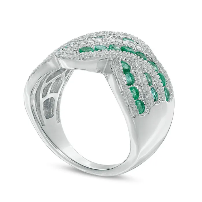 Goldia Rings Emerald and 010 CT TW Natural Diamond Beaded Border MultiRow Crossover Ring in Sterling Silver Goldia Rings Emerald and 010 CT TW Natural Diamond Beaded Border MultiRow Crossover Ring in Sterling Silver