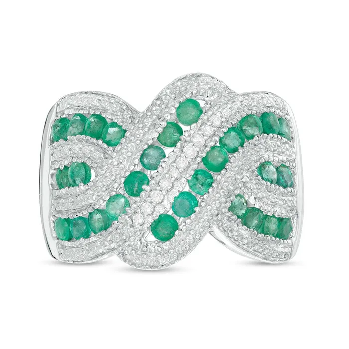 Goldia Rings Emerald and 010 CT TW Natural Diamond Beaded Border MultiRow Crossover Ring in Sterling Silver Goldia Rings Emerald and 010 CT TW Natural Diamond Beaded Border MultiRow Crossover Ring in Sterling Silver