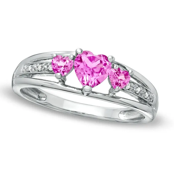 Goldia Rings HeartShaped LabCreated Pink Sapphire and Diamond Accent Three Stone Promise Ring in Solid 10K White Gold Goldia Rings HeartShaped LabCreated Pink Sapphire and Diamond Accent Three Stone Promise Ring in Solid 10K White Gold