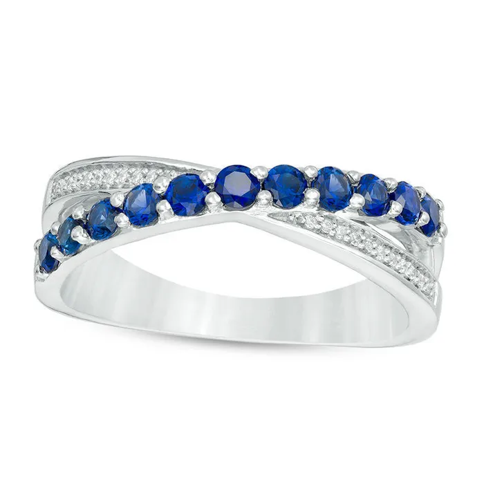 Goldia Rings LabCreated Blue Sapphire and Diamond Accent CrissCross Ring in Sterling Silver