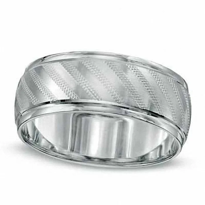 Goldia Rings Mens 80mm Textured Wedding Band in Solid 10K White Gold
