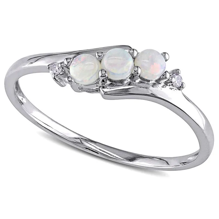 Goldia Rings Opal Three Stone Slant Ring in Solid 10K White Gold with Natural Diamond Accents Goldia Rings Opal Three Stone Slant Ring in Solid 10K White Gold with Natural Diamond Accents