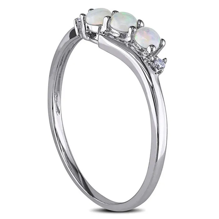 Goldia Rings Opal Three Stone Slant Ring in Solid 10K White Gold with Natural Diamond Accents Goldia Rings Opal Three Stone Slant Ring in Solid 10K White Gold with Natural Diamond Accents