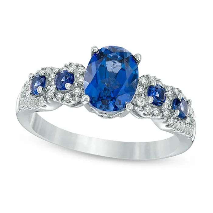 Goldia Rings Oval LabCreated Ceylon and White Sapphire Frame Five Stone Ring in Sterling Silver Goldia Rings Oval LabCreated Ceylon and White Sapphire Frame Five Stone Ring in Sterling Silver