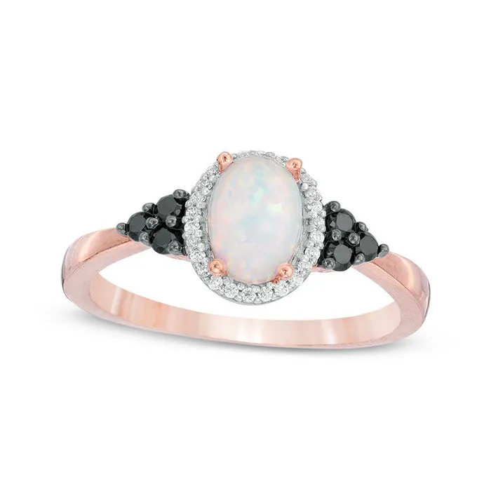 Goldia Rings Oval LabCreated Opal and 017 CT TW Enhanced Black and White Diamond Frame TriSides Ring in Solid 10K Rose Gold Goldia Rings Oval LabCreated Opal and 017 CT TW Enhanced Black and White Diamond Frame TriSides Ring in Solid 10K Rose Gold