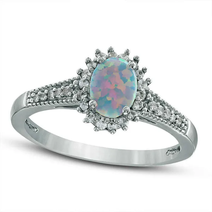 Goldia Rings Oval LabCreated Opal and White Sapphire Starburst Ring in Sterling Silver Goldia Rings Oval LabCreated Opal and White Sapphire Starburst Ring in Sterling Silver