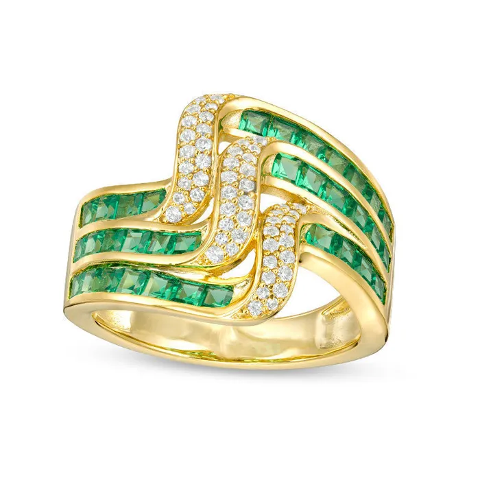 Goldia Rings PrincessCut LabCreated Emerald and White Sapphire MultiRow Wave Ring in Sterling Silver with Solid 14K Gold Plate Goldia Rings PrincessCut LabCreated Emerald and White Sapphire MultiRow Wave Ring in Sterling Silver with Solid 14K Gold Plate