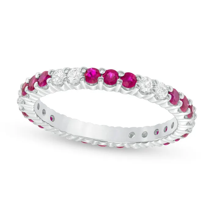 Goldia Rings Ruby and 033 CT TW Natural Diamond Trios Eternity Band in Solid 14K White Gold