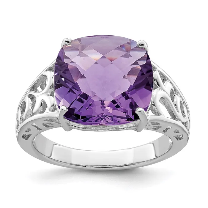 Goldia Rings Sterling Silver Rhodiumplated CheckerCut Amethyst Ring