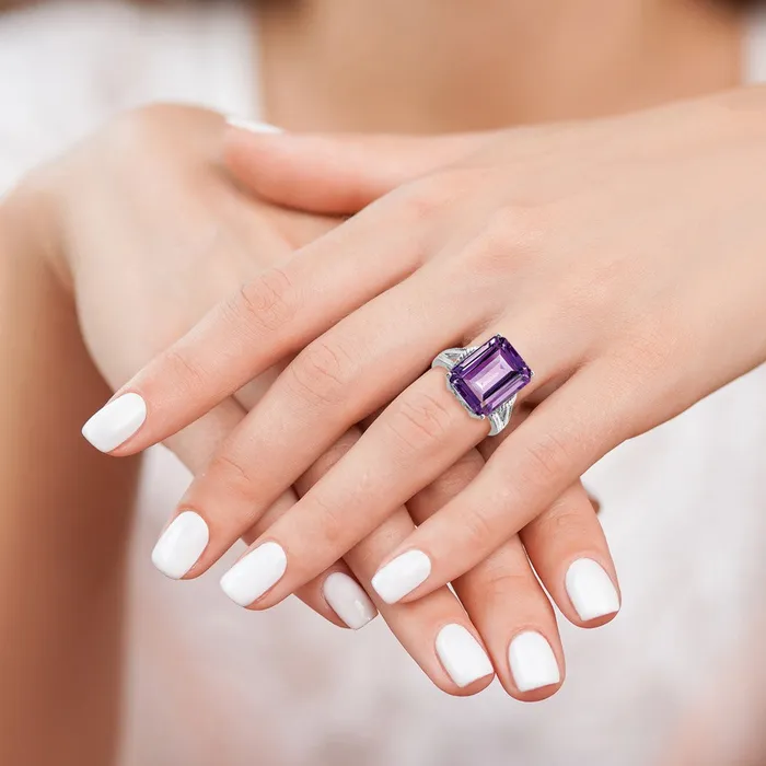 Goldia Rings Sterling Silver Rhodiumplated CheckerCut Amethyst Ring