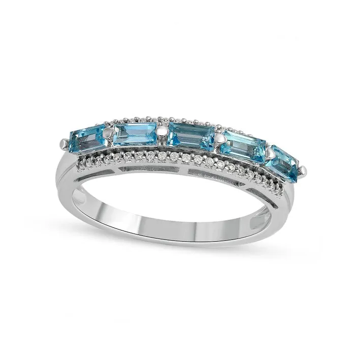 Goldia Sideways Baguette Swiss Blue Topaz and 013 CT TW Natural Diamond Border Five Stone Triple Row Ring in Solid 10K White Gold Rings Goldia Sideways Baguette Swiss Blue Topaz and 013 CT TW Natural Diamond Border Five Stone Triple Row Ring in Solid 10K White Gold Rings