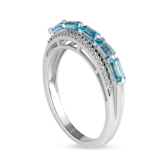Goldia Sideways Baguette Swiss Blue Topaz and 013 CT TW Natural Diamond Border Five Stone Triple Row Ring in Solid 10K White Gold Rings Goldia Sideways Baguette Swiss Blue Topaz and 013 CT TW Natural Diamond Border Five Stone Triple Row Ring in Solid 10K White Gold Rings