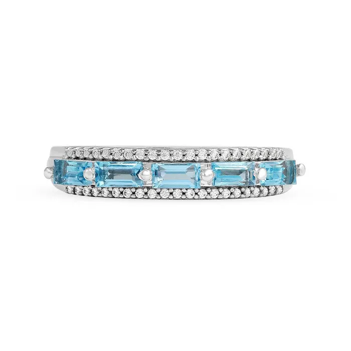 Goldia Sideways Baguette Swiss Blue Topaz and 013 CT TW Natural Diamond Border Five Stone Triple Row Ring in Solid 10K White Gold Rings Goldia Sideways Baguette Swiss Blue Topaz and 013 CT TW Natural Diamond Border Five Stone Triple Row Ring in Solid 10K White Gold Rings