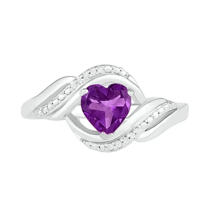 HeartShaped Amethyst and Natural Diamond Accent Ribbon Ring in Sterling Silver Goldia Rings HeartShaped Amethyst and Natural Diamond Accent Ribbon Ring in Sterling Silver Goldia Rings