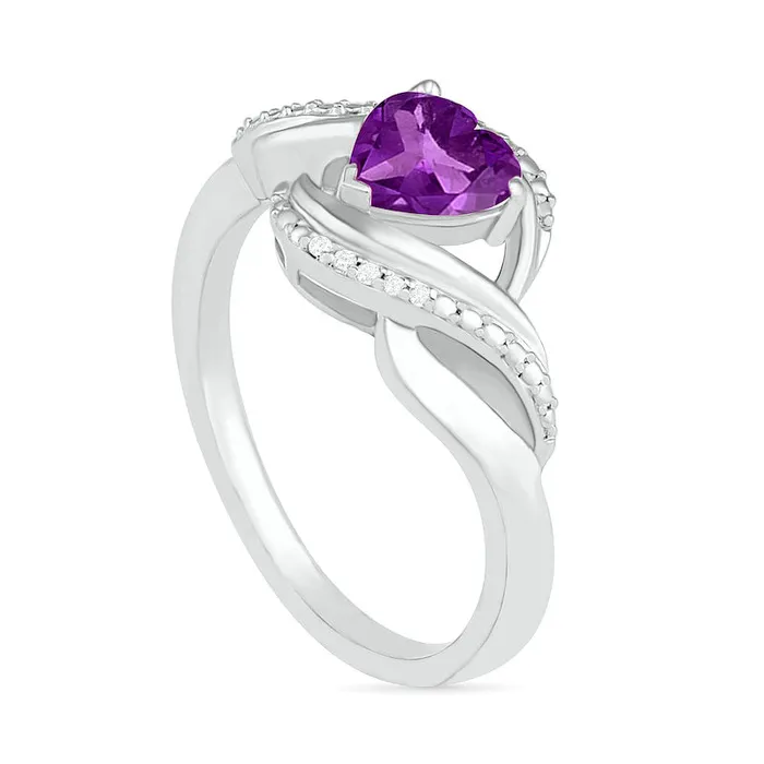 HeartShaped Amethyst and Natural Diamond Accent Ribbon Ring in Sterling Silver Goldia Rings HeartShaped Amethyst and Natural Diamond Accent Ribbon Ring in Sterling Silver Goldia Rings