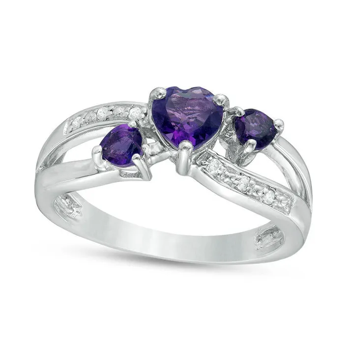 HeartShaped Amethyst and Natural Diamond Accent Three Stone Ring in Sterling Silver Goldia Rings HeartShaped Amethyst and Natural Diamond Accent Three Stone Ring in Sterling Silver Goldia Rings