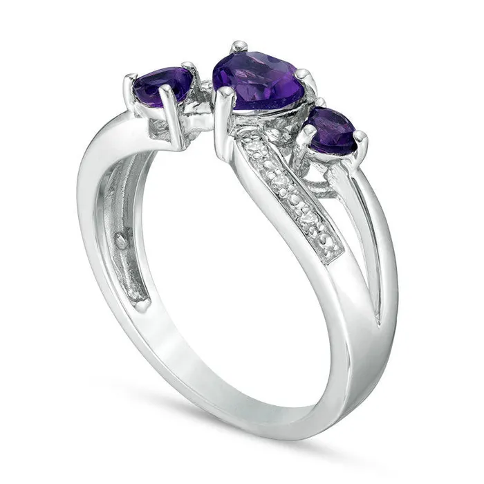 HeartShaped Amethyst and Natural Diamond Accent Three Stone Ring in Sterling Silver Goldia Rings HeartShaped Amethyst and Natural Diamond Accent Three Stone Ring in Sterling Silver Goldia Rings