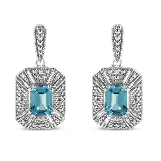 JMS always Earrings Original Haus of Brilliance 925 Sterling Silver 7x5MM Emerald Shape Blue Topaz Accent Art Deco Halo Style Drop and Dangle Earring JMS always Earrings Original Haus of Brilliance 925 Sterling Silver 7x5MM Emerald Shape Blue Topaz Accent Art Deco Halo Style Drop and Dangle Earring