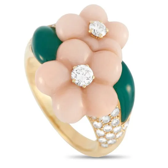 JMS always Original PreOwned Van Cleef Arpels 18K Yellow Gold 082 ct Diamond Coral and Chrysoprase Flower Ring Rings