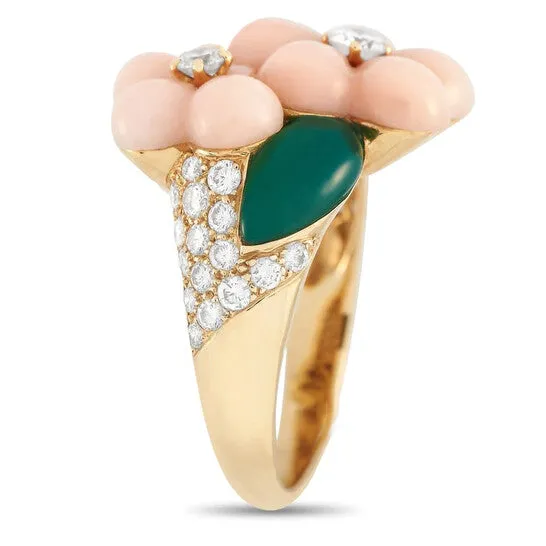 JMS always Original PreOwned Van Cleef Arpels 18K Yellow Gold 082 ct Diamond Coral and Chrysoprase Flower Ring Rings JMS always Original PreOwned Van Cleef Arpels 18K Yellow Gold 082 ct Diamond Coral and Chrysoprase Flower Ring Rings