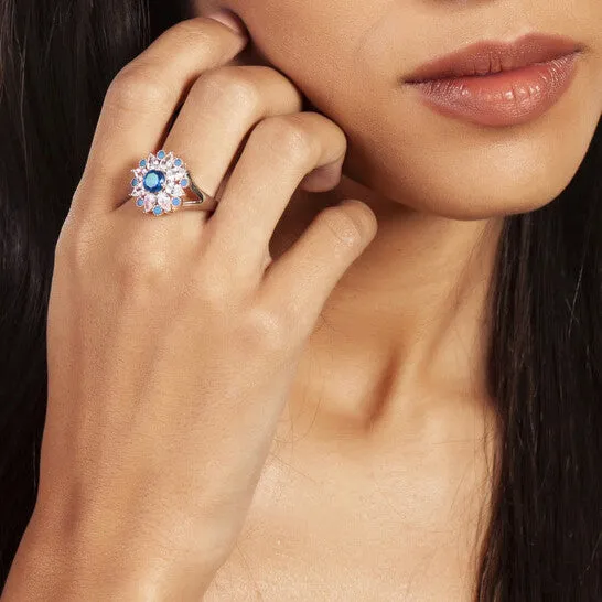 JMS always Rings Original Bertha Juliet Collection Womens 18k WG Plated Light Blue Floral Statement Fashion Ring