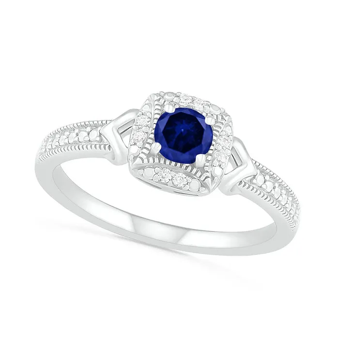 LabCreated Blue Sapphire and 005 CT TW Diamond Cushion Frame Chevron Side Antique VintageStyle Ring in Sterling Silver Goldia Rings LabCreated Blue Sapphire and 005 CT TW Diamond Cushion Frame Chevron Side Antique VintageStyle Ring in Sterling Silver Goldia Rings