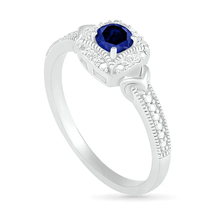 LabCreated Blue Sapphire and 005 CT TW Diamond Cushion Frame Chevron Side Antique VintageStyle Ring in Sterling Silver Goldia Rings LabCreated Blue Sapphire and 005 CT TW Diamond Cushion Frame Chevron Side Antique VintageStyle Ring in Sterling Silver Goldia Rings