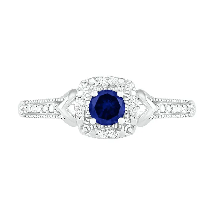 LabCreated Blue Sapphire and 005 CT TW Diamond Cushion Frame Chevron Side Antique VintageStyle Ring in Sterling Silver Goldia Rings LabCreated Blue Sapphire and 005 CT TW Diamond Cushion Frame Chevron Side Antique VintageStyle Ring in Sterling Silver Goldia Rings