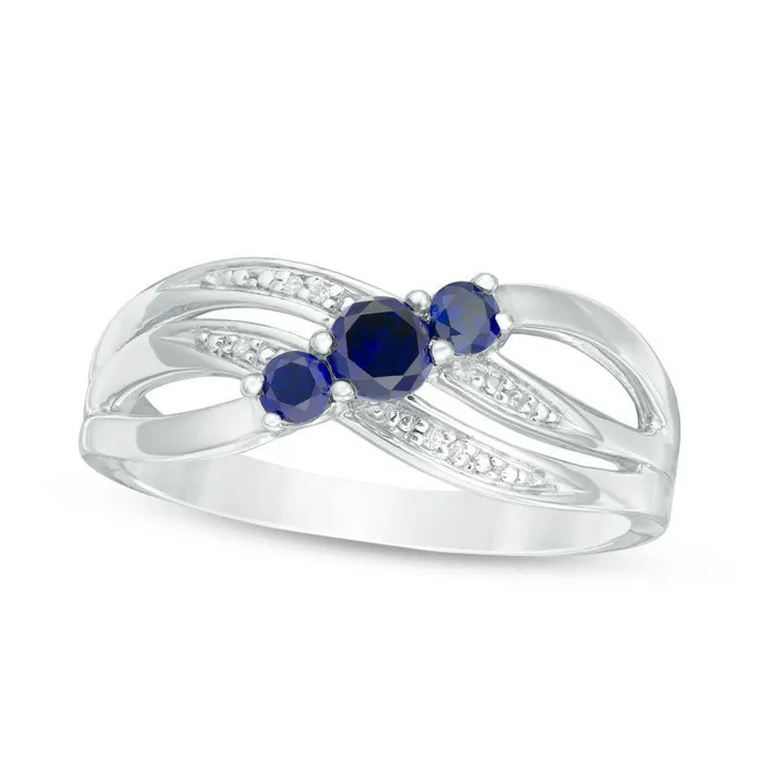 LabCreated Blue Sapphire and Diamond Accent Three Stone Crossover Ring in Sterling Silver Goldia Rings LabCreated Blue Sapphire and Diamond Accent Three Stone Crossover Ring in Sterling Silver Goldia Rings
