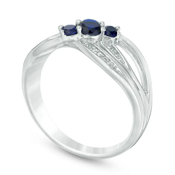 LabCreated Blue Sapphire and Diamond Accent Three Stone Crossover Ring in Sterling Silver Goldia Rings LabCreated Blue Sapphire and Diamond Accent Three Stone Crossover Ring in Sterling Silver Goldia Rings