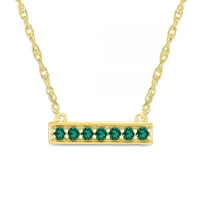 LabCreated Emerald Seven Stone Border Bar Necklace in Sterling Silver with 14K Gold Plate Goldia Necklaces LabCreated Emerald Seven Stone Border Bar Necklace in Sterling Silver with 14K Gold Plate Goldia Necklaces