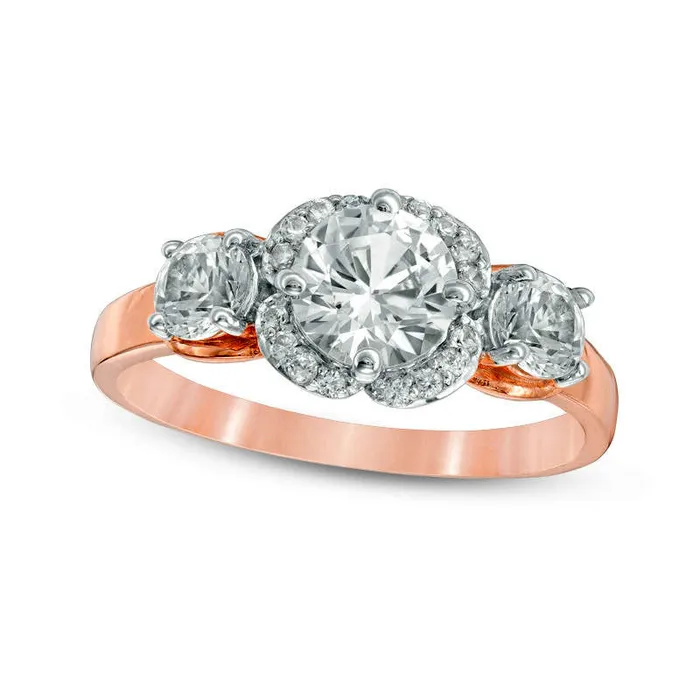 LabCreated White Sapphire Three Stone Flower Frame Engagement Ring in Solid 10K Rose Gold Goldia Rings LabCreated White Sapphire Three Stone Flower Frame Engagement Ring in Solid 10K Rose Gold Goldia Rings