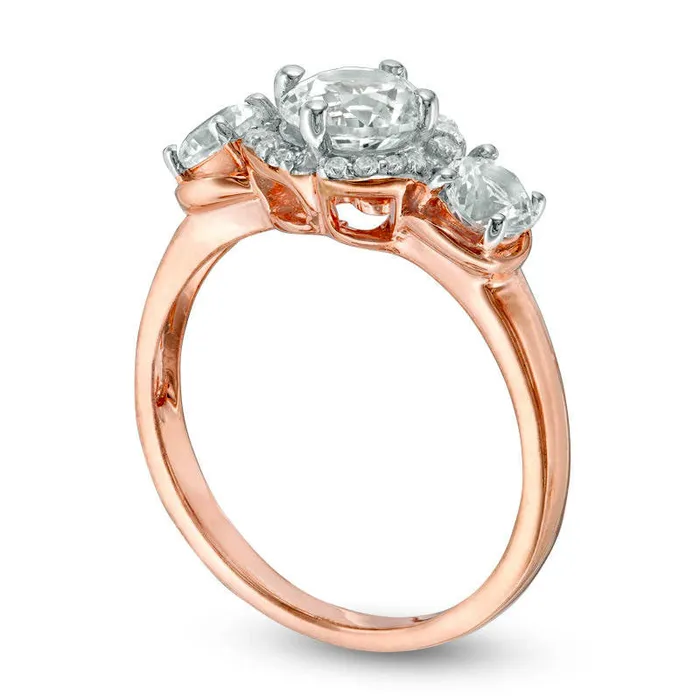 LabCreated White Sapphire Three Stone Flower Frame Engagement Ring in Solid 10K Rose Gold Goldia Rings LabCreated White Sapphire Three Stone Flower Frame Engagement Ring in Solid 10K Rose Gold Goldia Rings
