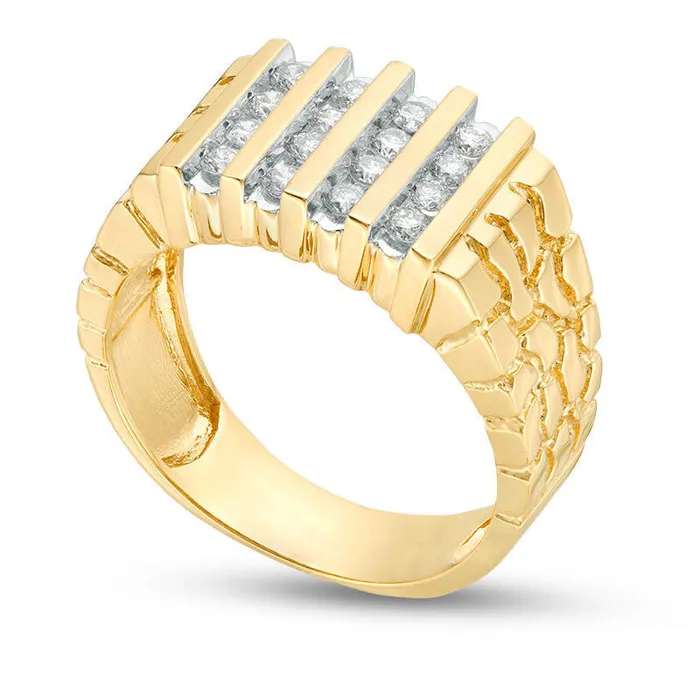 Mens 050 CT TW Natural Diamond Four Row Nugget Ring in Solid 10K Yellow Gold Goldia Rings Mens 050 CT TW Natural Diamond Four Row Nugget Ring in Solid 10K Yellow Gold Goldia Rings