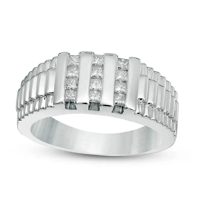 Mens 050 CT TW Square Natural Diamond Vertical Three Row Stepped Shank Ring in Solid 14K White Gold Goldia Rings Mens 050 CT TW Square Natural Diamond Vertical Three Row Stepped Shank Ring in Solid 14K White Gold Goldia Rings
