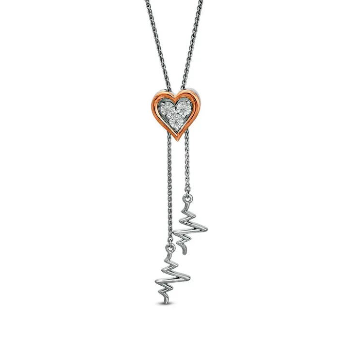 Natural Diamond Accent Heart and Heartbeat Lariat Bolo Necklace in Sterling Silver and 10K Rose Gold 265 Goldia Necklaces