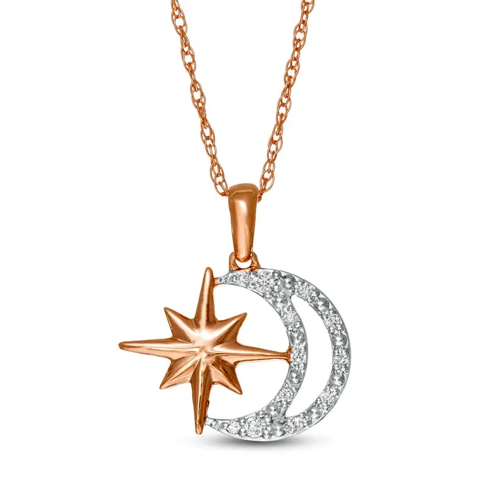 Necklaces Goldia 007 CT TW Natural Diamond Star and Moon Pendant in Sterling Silver with 10K Rose Gold Plate Necklaces Goldia 007 CT TW Natural Diamond Star and Moon Pendant in Sterling Silver with 10K Rose Gold Plate