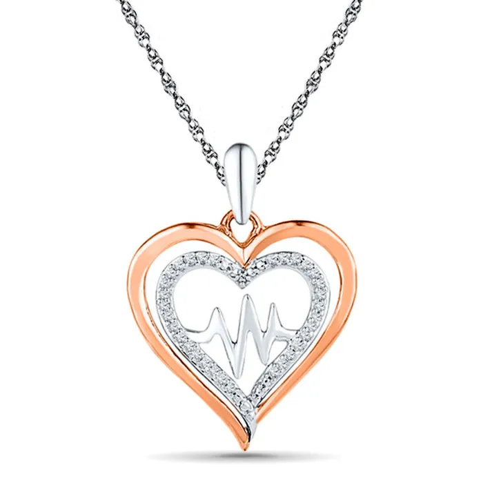 Necklaces Goldia 013 CT TW Natural Diamond Double Heart with Heartbeat Pendant in Sterling Silver and 10K Rose Gold Necklaces Goldia 013 CT TW Natural Diamond Double Heart with Heartbeat Pendant in Sterling Silver and 10K Rose Gold