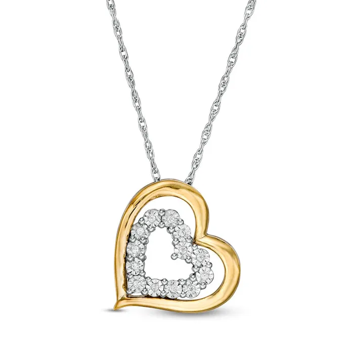 Necklaces Goldia Natural Diamond Accent Tilted Double Heart Pendant in Sterling Silver and 10K Yellow Gold Necklaces Goldia Natural Diamond Accent Tilted Double Heart Pendant in Sterling Silver and 10K Yellow Gold