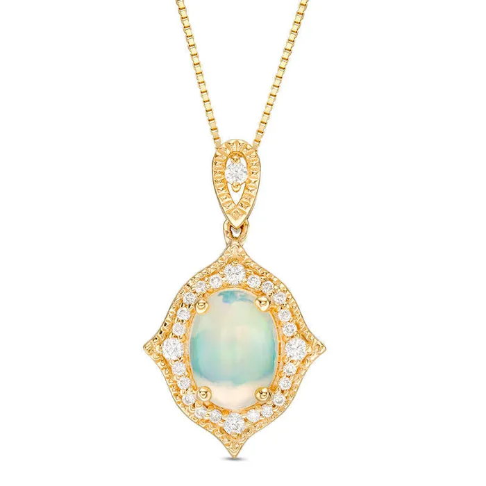 Necklaces Goldia Oval Opal and 013 CT TW Natural Diamond Frame Antique VintageStyle Pendant in 14K Gold Necklaces Goldia Oval Opal and 013 CT TW Natural Diamond Frame Antique VintageStyle Pendant in 14K Gold
