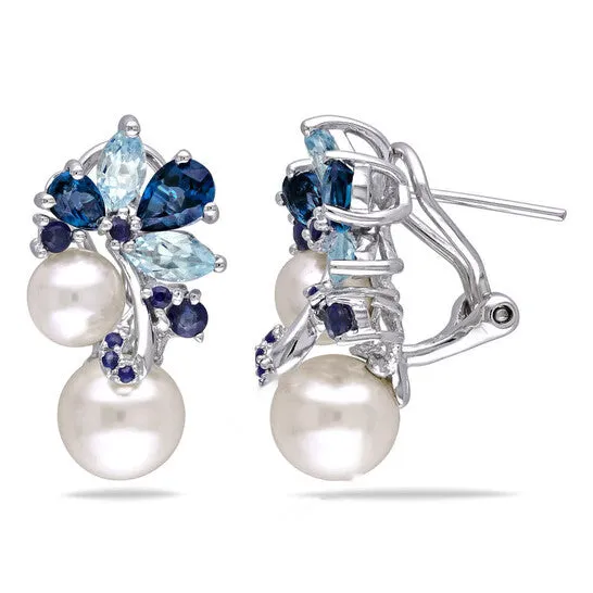 Original AMOUR 3 CT TGW London and Sky Blue Topaz Sapphire and White Cultured Freshwater Pearl Cluster Earrings In Sterling Silver JMS always Earrings Original AMOUR 3 CT TGW London and Sky Blue Topaz Sapphire and White Cultured Freshwater Pearl Cluster Earrings In Sterling Silver JMS always Earrings