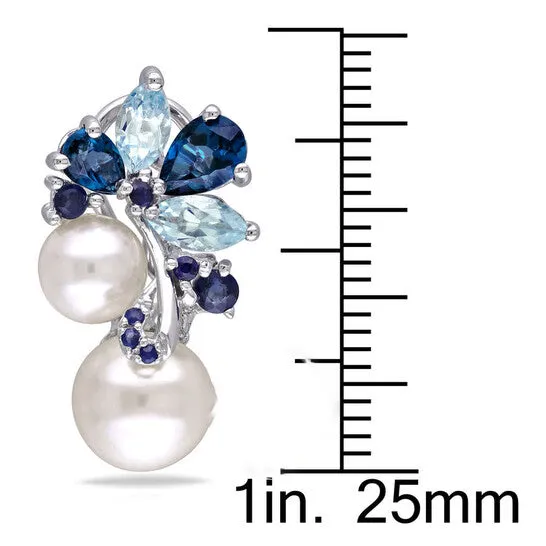 Original AMOUR 3 CT TGW London and Sky Blue Topaz Sapphire and White Cultured Freshwater Pearl Cluster Earrings In Sterling Silver JMS always Earrings Original AMOUR 3 CT TGW London and Sky Blue Topaz Sapphire and White Cultured Freshwater Pearl Cluster Earrings In Sterling Silver JMS always Earrings