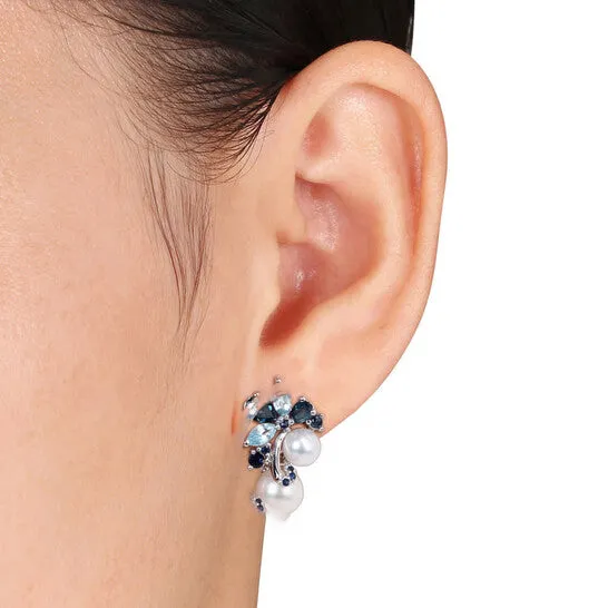 Original AMOUR 3 CT TGW London and Sky Blue Topaz Sapphire and White Cultured Freshwater Pearl Cluster Earrings In Sterling Silver JMS always Earrings Original AMOUR 3 CT TGW London and Sky Blue Topaz Sapphire and White Cultured Freshwater Pearl Cluster Earrings In Sterling Silver JMS always Earrings