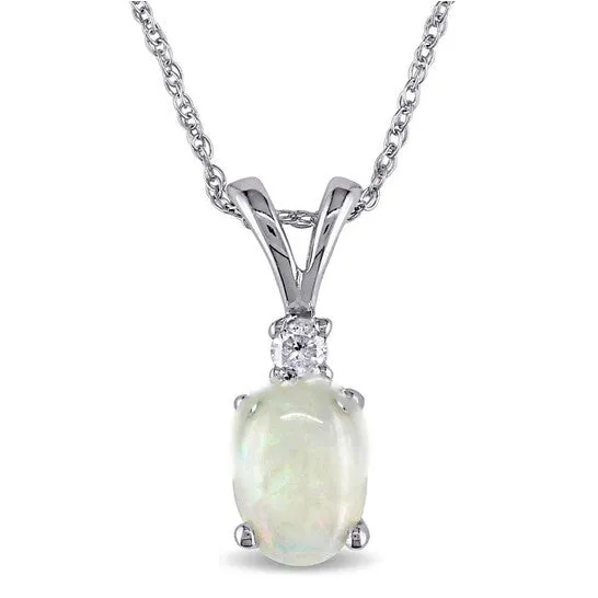 Original AMOUR Oval Opal and Diamond Pendant with Chain In 10K White Gold JMS always Necklaces Original AMOUR Oval Opal and Diamond Pendant with Chain In 10K White Gold JMS always Necklaces