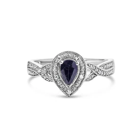 Original Haus of Brilliance 925 Sterling Silver 6x4mm Pear Sapphire Gemstone with Diamond Accent Fashion Halo Ring HI Color SI1SI2 Clarity JMS always Rings