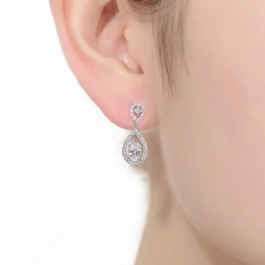 Original Megan Walford Sterling Silver Oval and Round Cubic Zirconia Halo Two Pear Drop Earrings JMS always Earrings Original Megan Walford Sterling Silver Oval and Round Cubic Zirconia Halo Two Pear Drop Earrings JMS always Earrings
