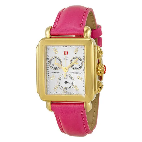 Original Michele Signature Deco Mother of Pearl Dial Goldtone Pink Leather Ladies Watch MWW06P000133 JMS always Watches Original Michele Signature Deco Mother of Pearl Dial Goldtone Pink Leather Ladies Watch MWW06P000133 JMS always Watches