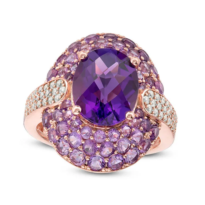 Oval Amethyst and LabCreated White Sapphire Frame ArrowSides Ring in Sterling Silver with Solid 14K Rose Gold Plate Goldia Rings